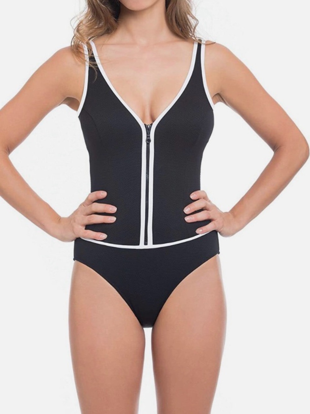 Black One-Piece Zip-Front Swim Suit with White Contrast